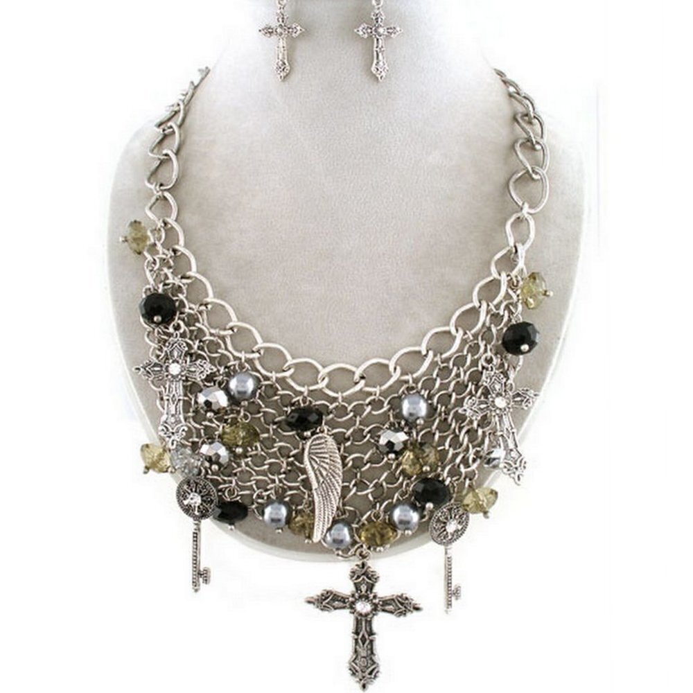 Womens Crystal Cross Bib Key Charm Mesh Necklace Chunky Chains Angel Wing Set